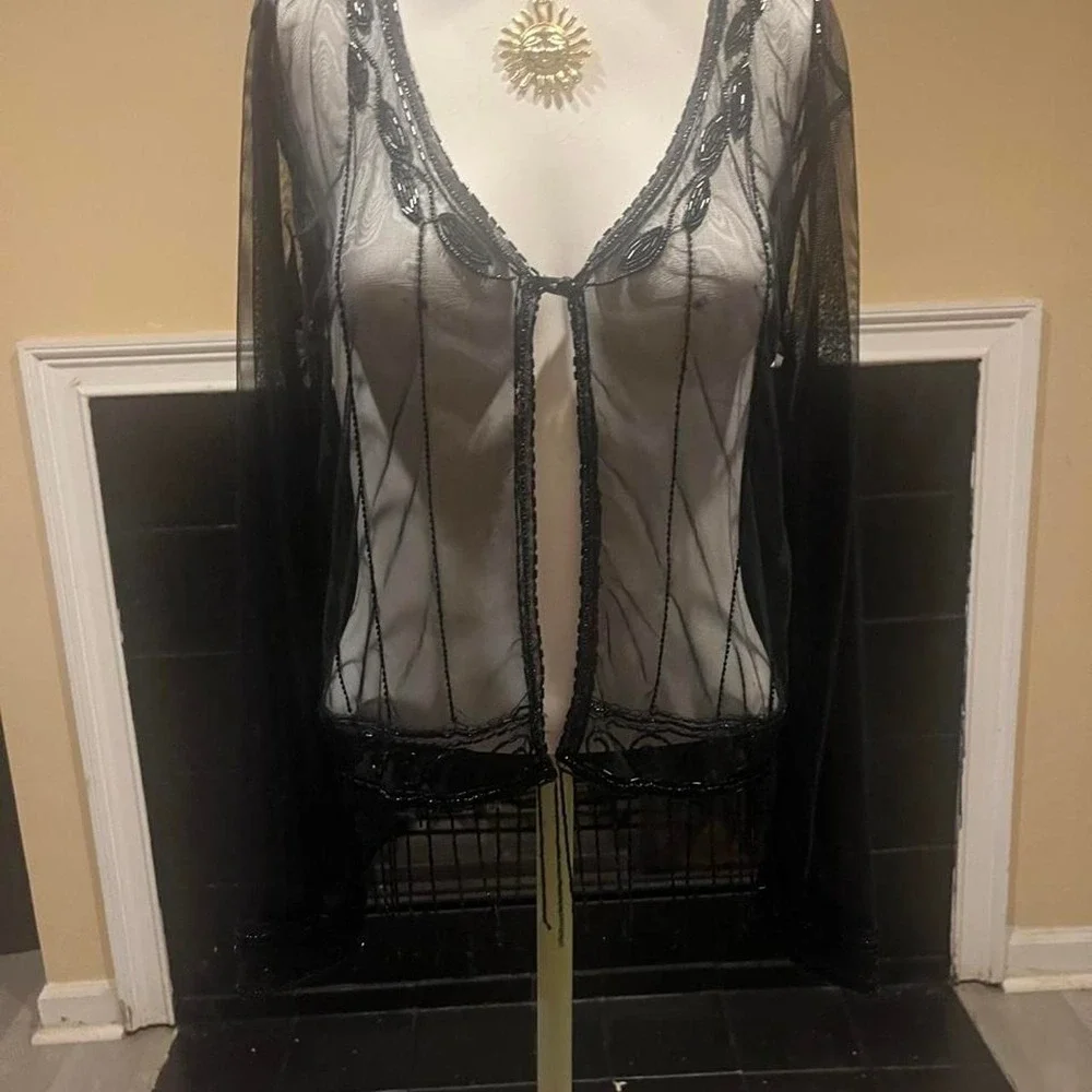Black sheer beaded cardigan with lace trim and beaded fringe Whimsygoth